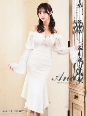 キャバドレス Andy アンディ 高級 オフショルダー 長袖 チュール袖 バストシースルー 谷間魅せ ロングテールドレス