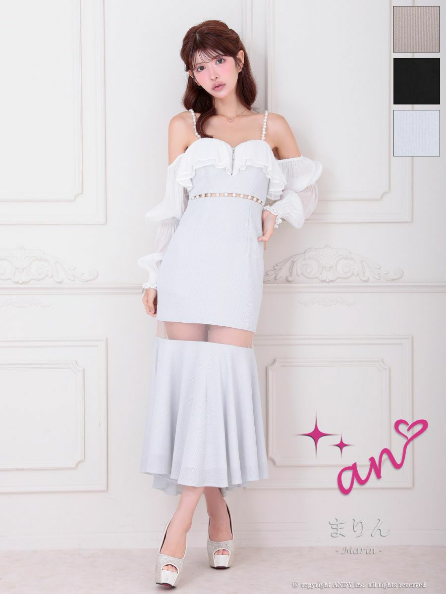 キャバドレス Andy アンディ 高級 キャミソール 背中魅せ ジップデザイン 長袖 バストカット 谷間魅せ Aラインロングドレス