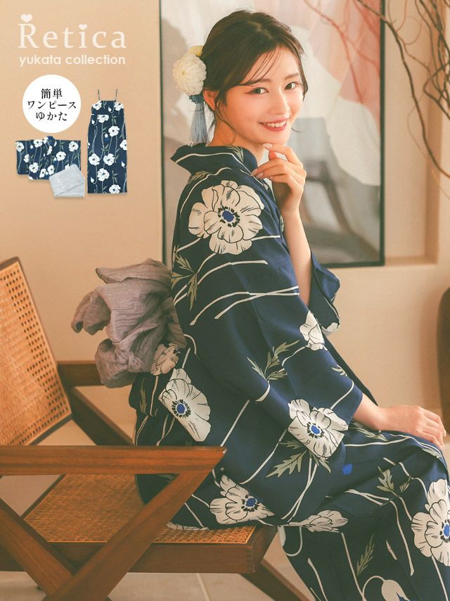 SALE [ワンピース浴衣] 上品紺地に線画...