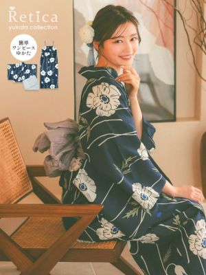 [ワンピース浴衣] 上品紺地に線画ポピー柄 簡単 一人で着れる 3点セット (ゆかた羽織・ワンピース・兵児帯)