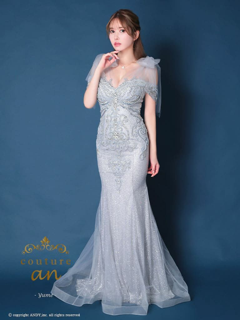 キャバドレス Andy アンディ 高級 ノースリーブ ビジュー 背中魅せ オフショルダー バストカット ラメ レース 谷間魅せ タイトロングドレス