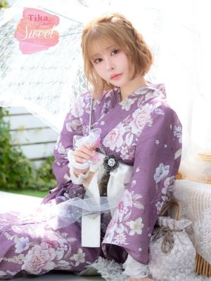 [浴衣] SWEET ラズベリー アンティークフラワー ゆかた 3点セット (浴衣+兵児帯+下駄)