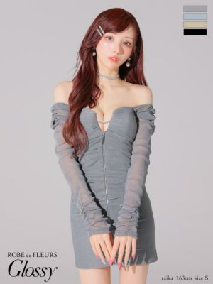 [ROBEdeFLEURSGlossy/ローブドフルールグロッシー] 高級 オフショルダー ラメチュール 長袖 ジップ バストコード タイトミニドレス