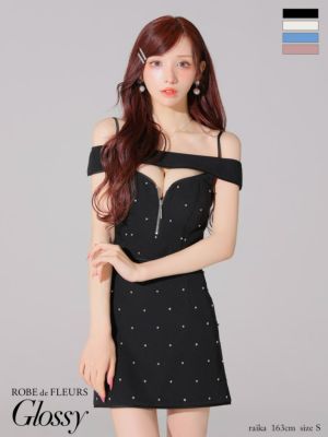 [ROBEdeFLEURSGlossy/ローブドフルールグロッシー] 高級 肩あき バストカット ジップ ワンカラー ビジュー セットアップ タイトミニドレス