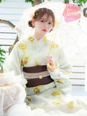 [浴衣 選べる帯] SWEET 白地 水彩 向日葵 ゆかた 3点セット (浴衣+平帯or作り帯+下駄)