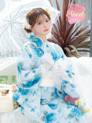 [浴衣] SWEET ペールブルー 水彩 紫陽花 菖蒲 ゆかた3点セット (浴衣+兵児帯+下駄)