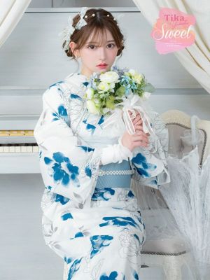 [浴衣] 白地 線画 水彩フラワー  2025 SWEETシリーズ 2点セット (ゆかた・平帯)