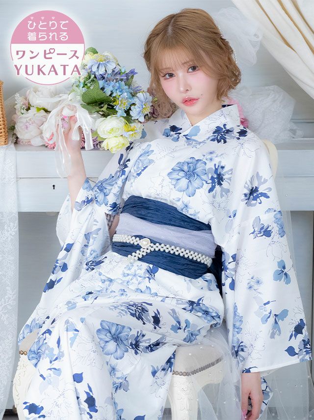 浴衣 ワンピース 2Way ゆかた レディース 白地 ブルー 水彩 兵児帯 セット