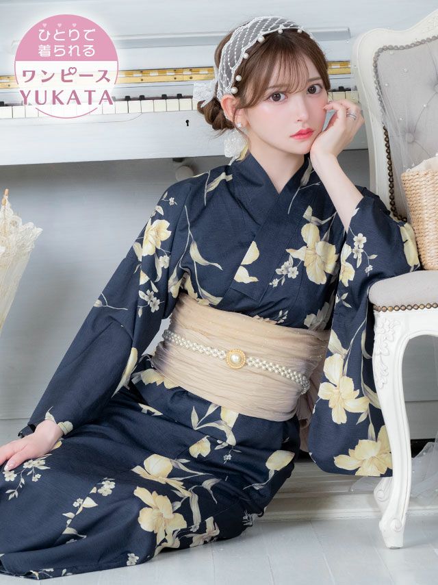 浴衣 ワンピース 紺地 セット 兵児帯 ワンピース浴衣 簡単 一人で着れる 百合