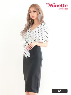 ドット柄 カシュクール パフスリーブ 半袖 タイト膝丈ドレス (Mサイズ) (あおぽん/キャバドレス着用) [myMinette/マイミネット]