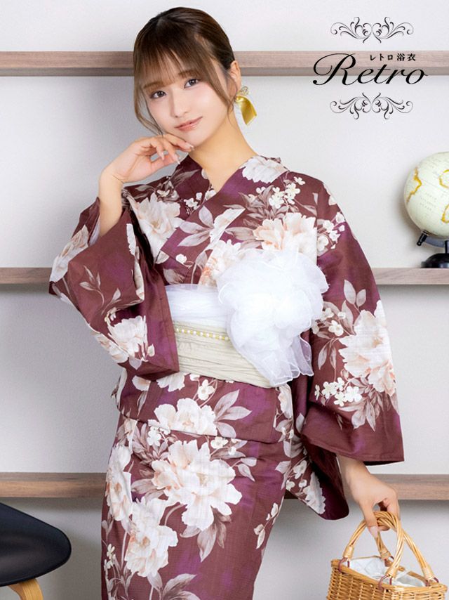 浴衣 レディース セット 兵児帯 下駄 ゆかた レトロ 牡丹 ワイン ニュアンス
