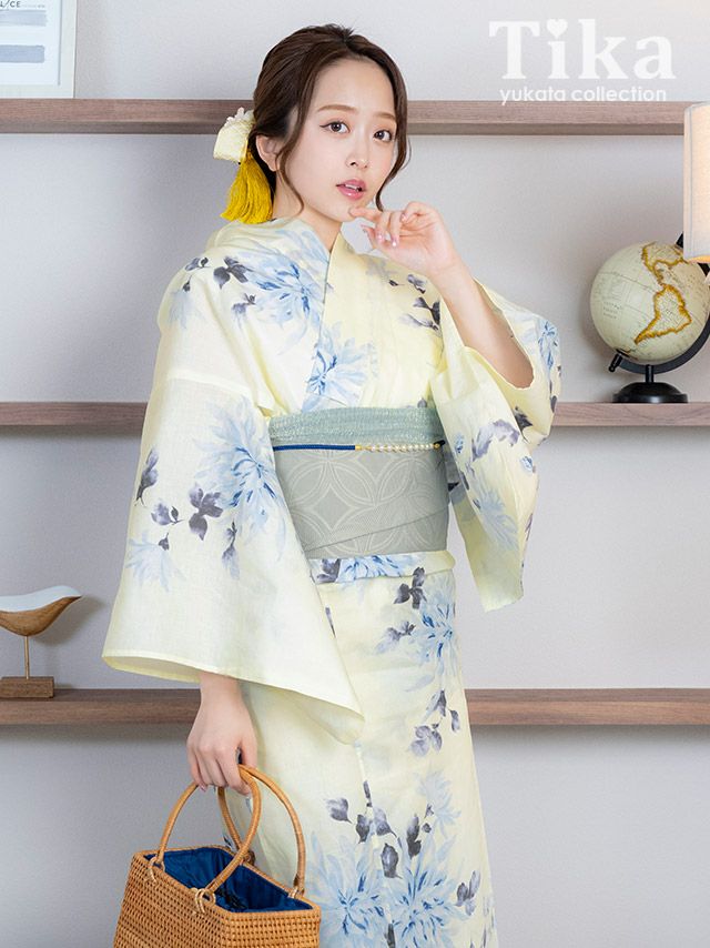 浴衣 レディース セット 平帯 下駄 作り帯 ゆかた 菊 レトロ クリーム ブルー