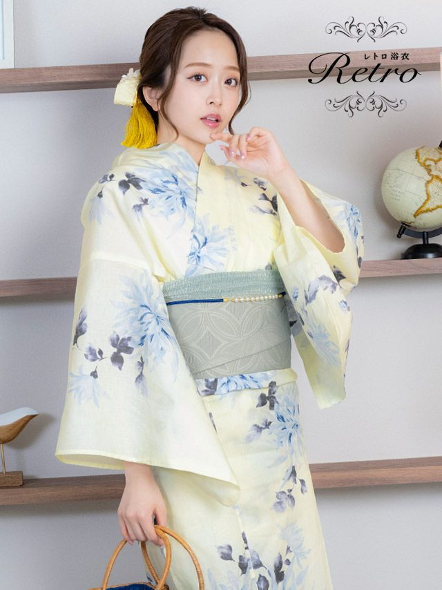 浴衣 レディース セット 平帯 下駄 作り帯 ゆかた 菊 レトロ クリーム ブルー