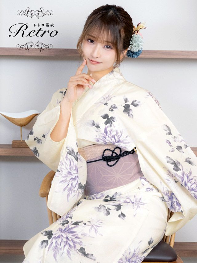 浴衣 レディース 帯 下駄 作り帯 菊 ゆかた レトロ モダン クリーム 紫 パープル