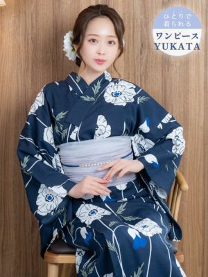 [SALE] [ワンピース浴衣] 紺地 線画 ポピー レトロ 簡単 一人で着れる 3点セット みりちゃむ着用 (ゆかた羽織・ワンピース・兵児帯)