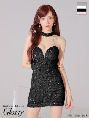 予約商品【5月下旬入荷予定】[ROBEdeFLEURSGlossy/ローブドフルールグロッシー] 高級 2way ホルターネック  スパンコール 背中魅せ バストシースルー セットアップ タイトミニドレス