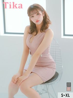 ノースリーブ 千鳥格子柄 バストカット 谷間魅せ ウエストベルト タイトミニドレス (Sサイズ～XLサイズ) (上ノ堀結愛/キャバドレス着用)