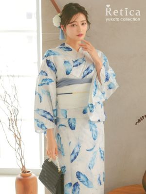 [浴衣] ピュアホワイトにブルーフェザー 大...