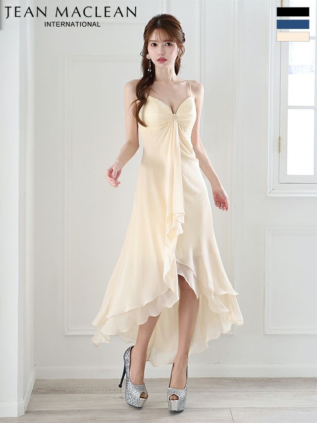 キャバドレス 前ミニドレス JEANMACLEAN ジャンマクレーン 高級 キャミソール シフォン タック ワンカラー ロングテールドレス