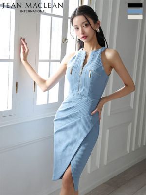 予約商品【7月中旬入荷予定】[JEANMACLEAN/ジャンマクレーン] 高級 ノースリーブ ジップ 柄織りニット スリット スタイリッシュ タイト膝丈ドレス