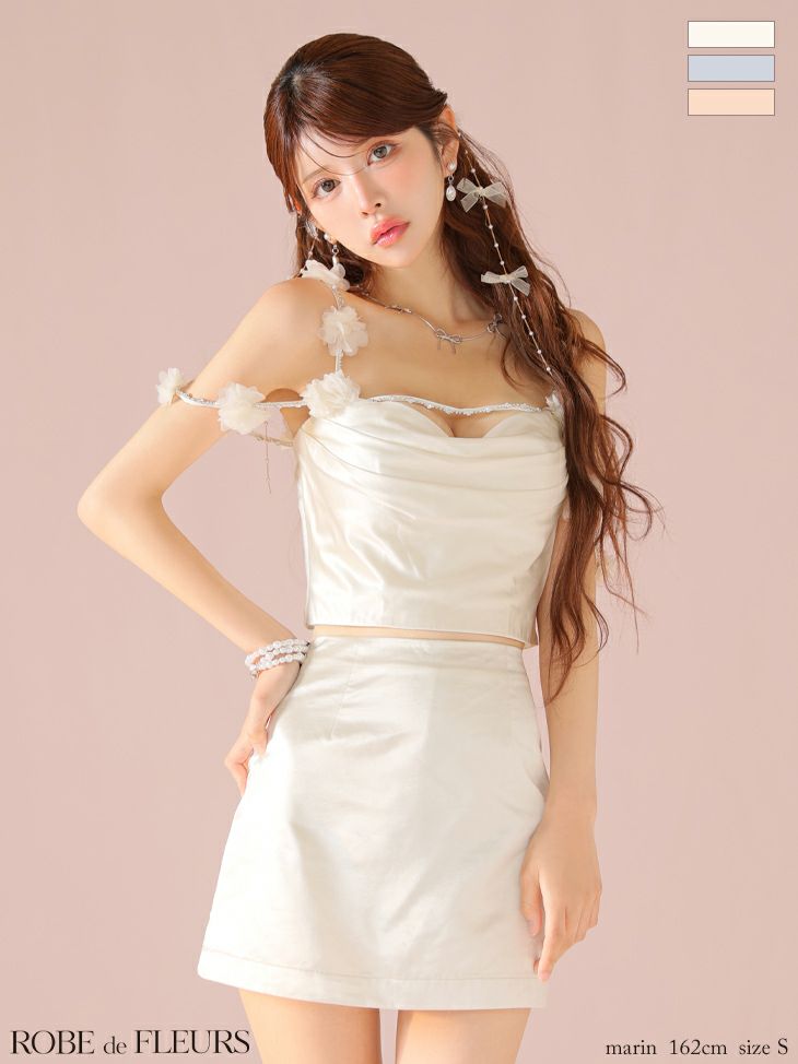 キャバドレス ミニドレス ROBEdeFLEURS ローブドフルール　高級 キャミソール セットアップ フラワーモチーフ ストラップ サテン タイトミニドレス