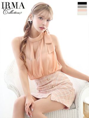 予約商品【7月中旬入荷予定】[IRMA/イルマ] 高級 ノースリーブ シフォン リボン パールボタン チェック柄 サマーツイード スリット タイトミニドレス