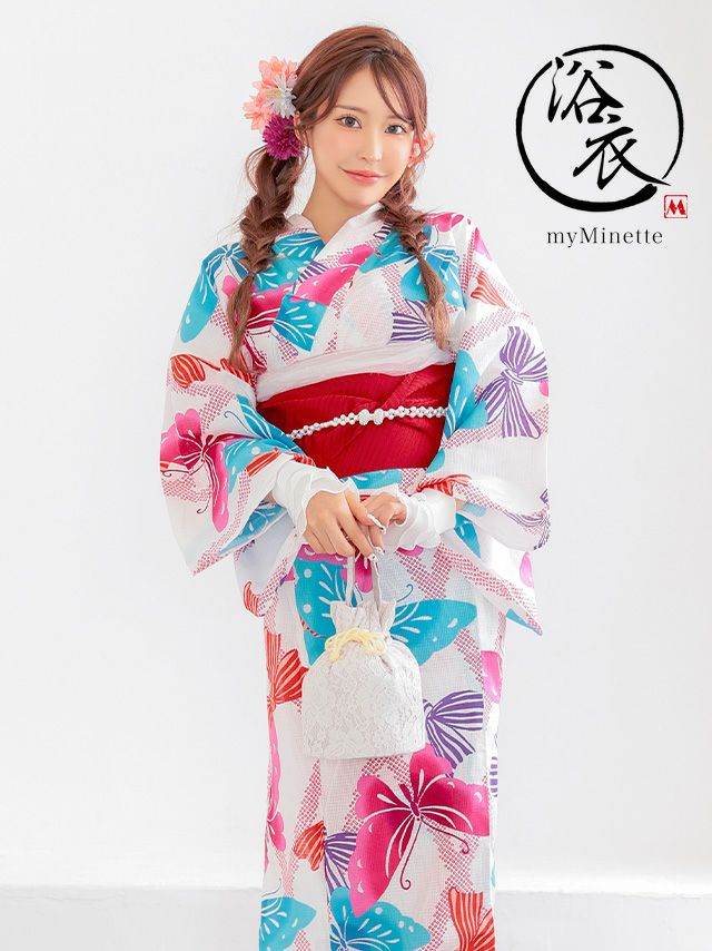 浴衣 プチプラ 白色地 × カラフル 蝶柄 ゆかた 2点セット