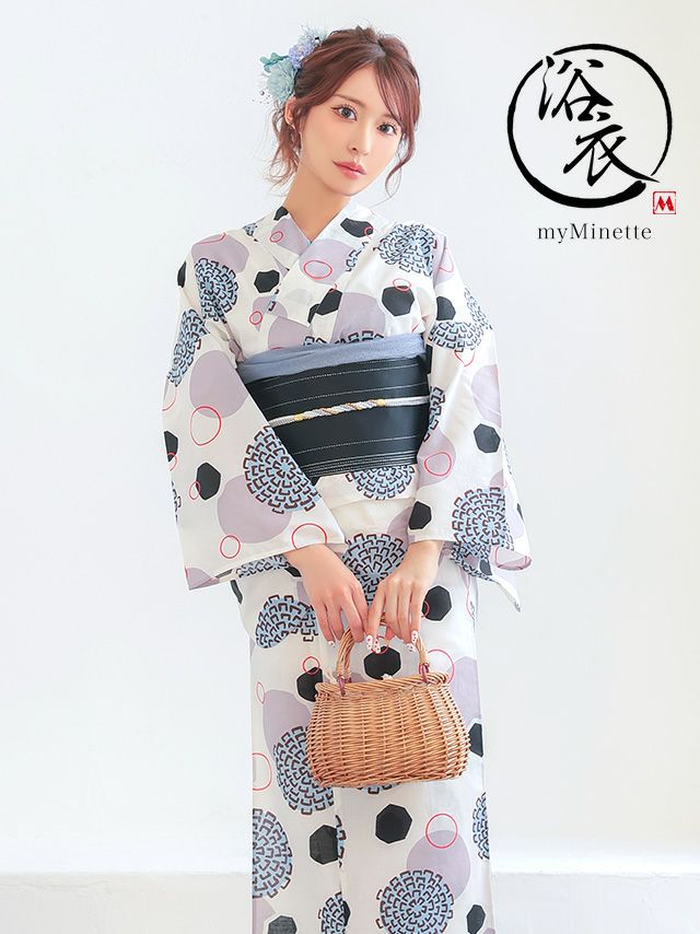 浴衣 プチプラ 白色地 × レトロ モダン 和柄 ゆかた 2点セット