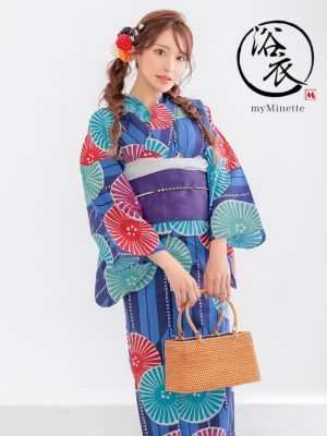 [浴衣] プチプラ 安い 青地 × カラフル 菊柄 レトロ ストライプ 2点セット (ゆかた・作り帯)