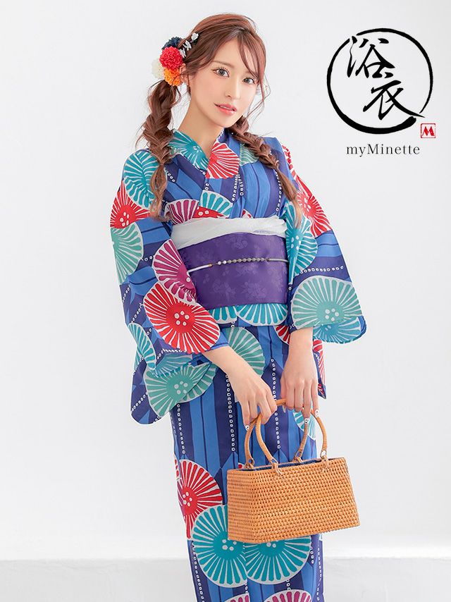浴衣 プチプラ 青地 × カラフル 菊柄 レトロ ストライプ ゆかた 2点セット
