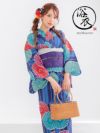 浴衣 プチプラ 青地 × カラフル 菊柄 レトロ ストライプ ゆかた 2点セット