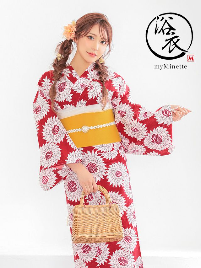 浴衣 プチプラ 赤地 × レトロ 向日葵柄 ゆかた 3点セット