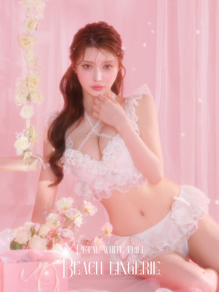 Beach Lingerie ビーチランジェリー 高級 刺繍レース リボン フリル スパンコールレース キュート ビキニ 上下セット［ビキニ/フリルショーツ]