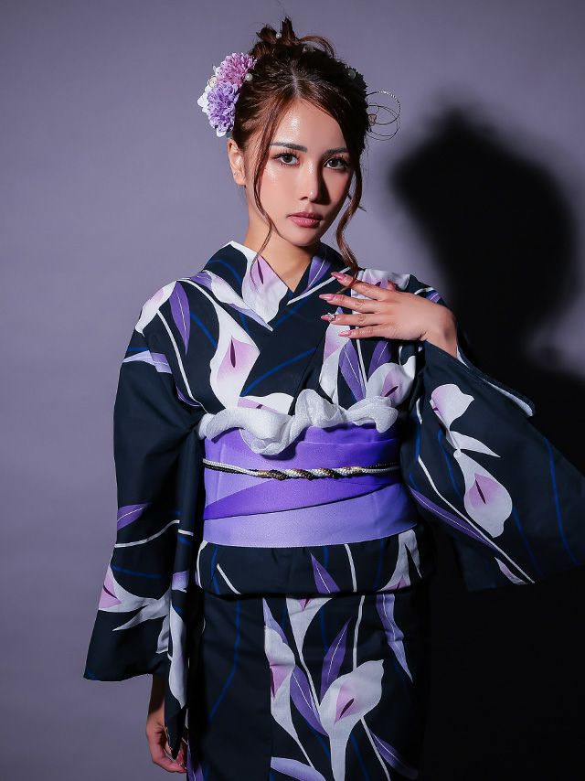 画像のはちす帯つき◆最高級【綿麻浴衣】黒アヤメ菖蒲の品ある涼しゆかた◆ SALE [浴衣 選べる帯] 濃紺 菖蒲 粋シリーズ 3点セット (ゆかた