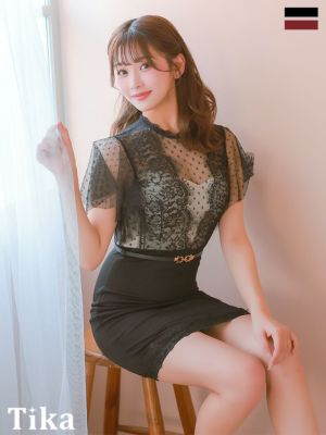 半袖 ドット柄 シアーレース 切り替え ウエストベルト付き タイトミニドレス (Sサイズ～XXLサイズ) (上ノ堀結愛/キャバドレス着用)