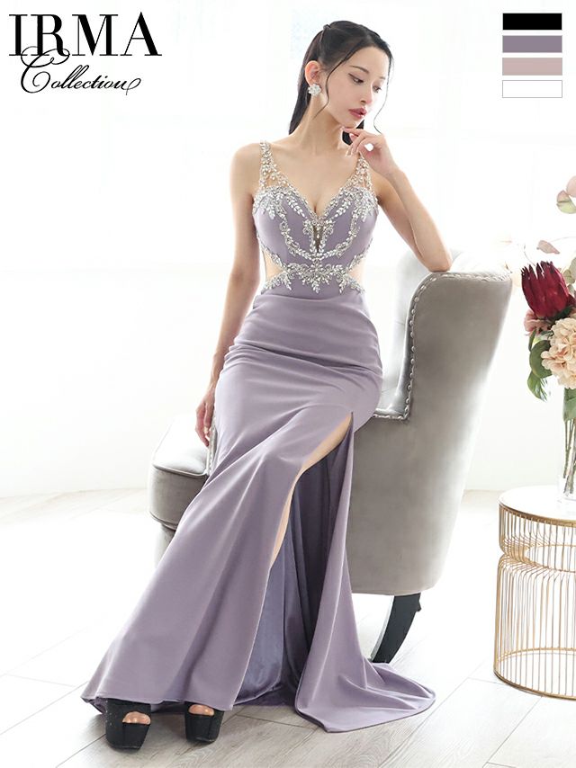 キャバドレス ロングドレス IRMA イルマ 高級 ノースリーブ ニットジョーゼット くびれ ビジュー スリット タイトロングドレス