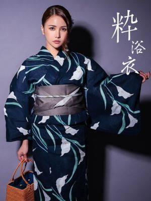 [浴衣 選べる帯] 濃紺 菖蒲 リーフ 20...