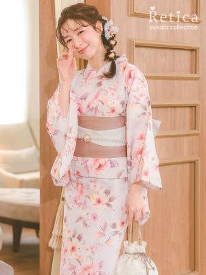 [浴衣 選べる帯] 儚げピンクに水彩タッチニ...