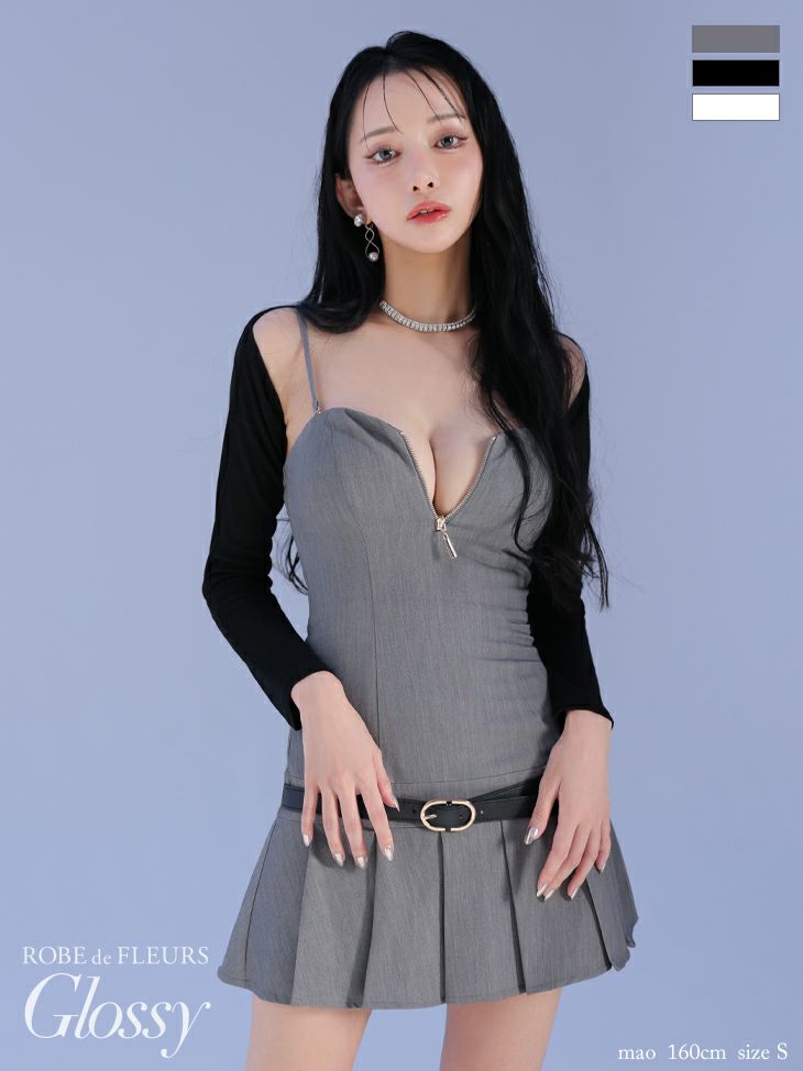 キャバドレス ミニドレス ROBEdeFLEURSGlossy ローブドフルールグロッシー 高級 2way キャミソール ウエストベルト ラメカットソー 長袖 ボレロ プリーツ ジップ フレアミニドレス