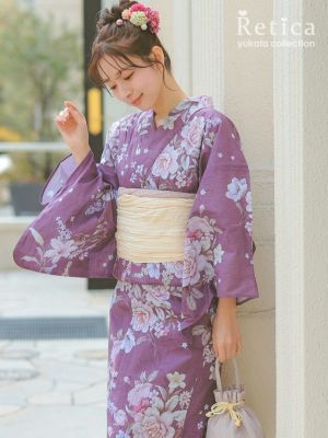 [浴衣] 紫地に上品アンティークフラワー S...