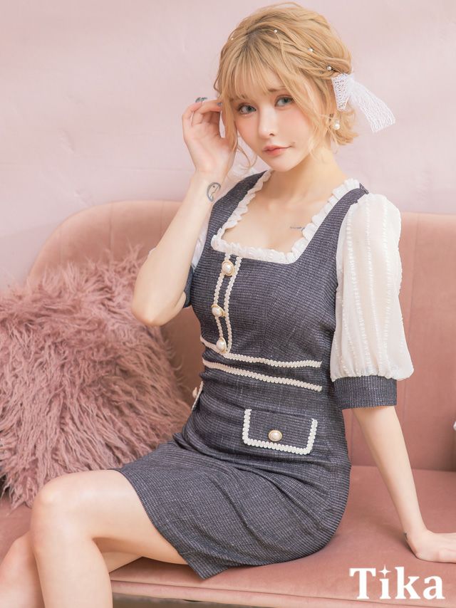 キャバドレス 袖あり パフスリーブ スクエアネック 五部袖 タイトミニドレス