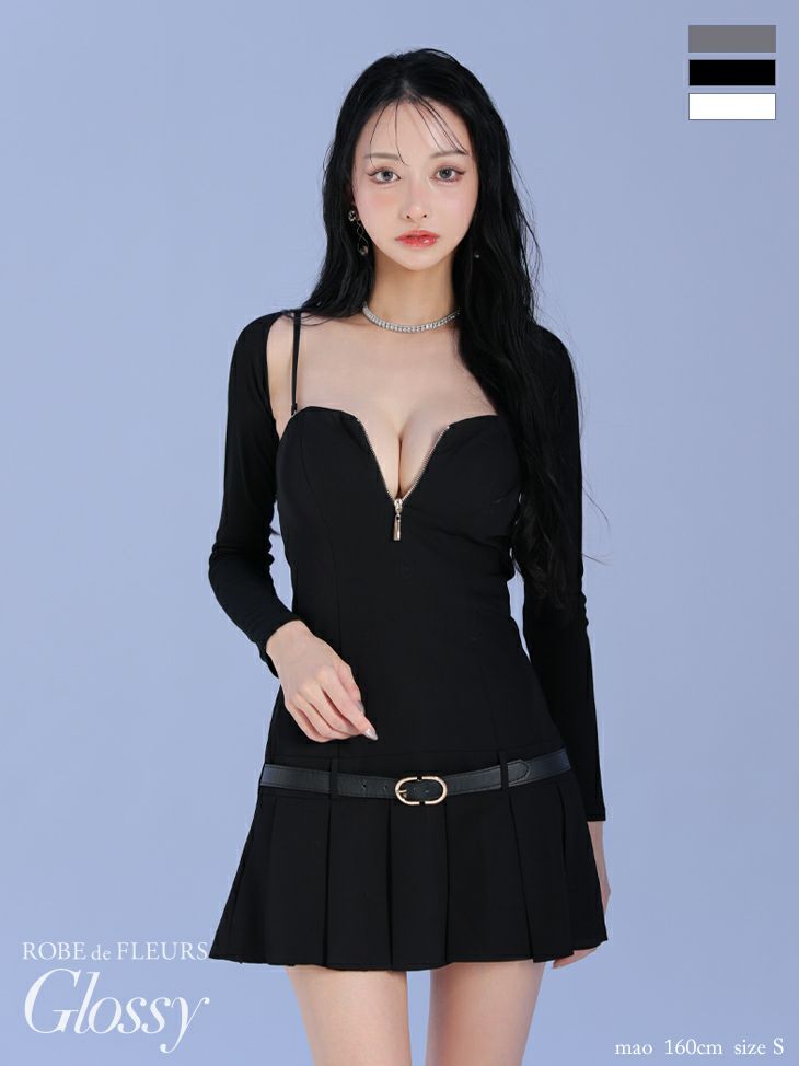 キャバドレス ミニドレス ROBEdeFLEURSGlossy ローブドフルールグロッシー　高級 2way キャミソール ウエストベルト ラメカットソー 長袖 ボレロ プリーツ ジップ フレアミニドレス