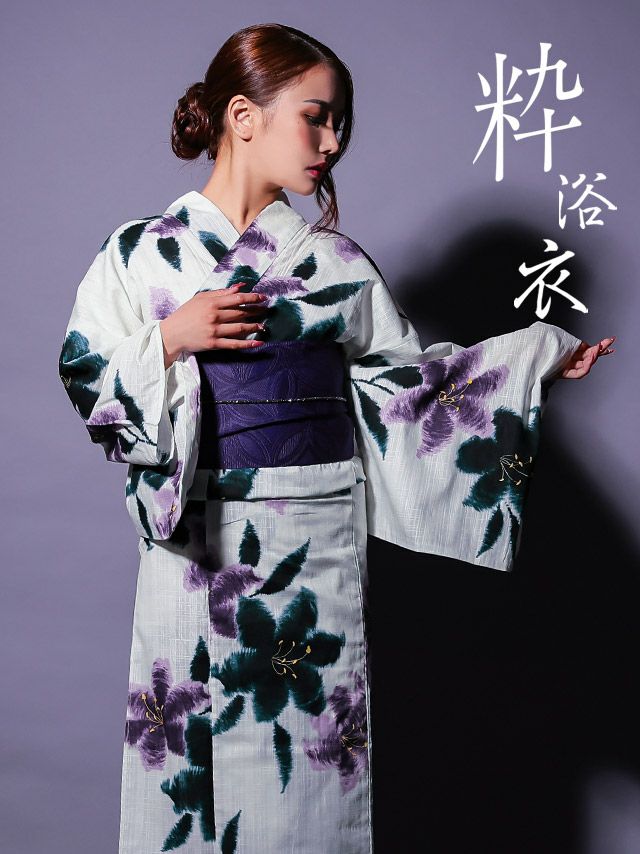 浴衣 レディース セット ゆかた 帯 下駄 百合 白地 ゆり モダン 粋 夏祭り 水墨