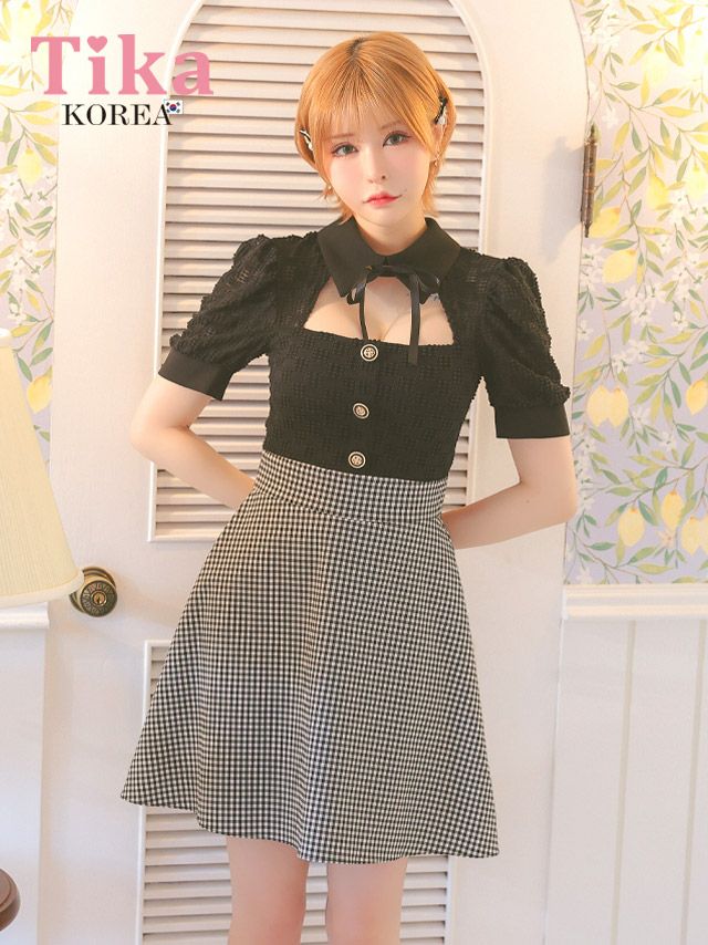 キャバドレス ネックリボン 襟付き 半袖パフスリーブ バストカット ギンガムチェック柄 谷間魅せ フレアミニドレス