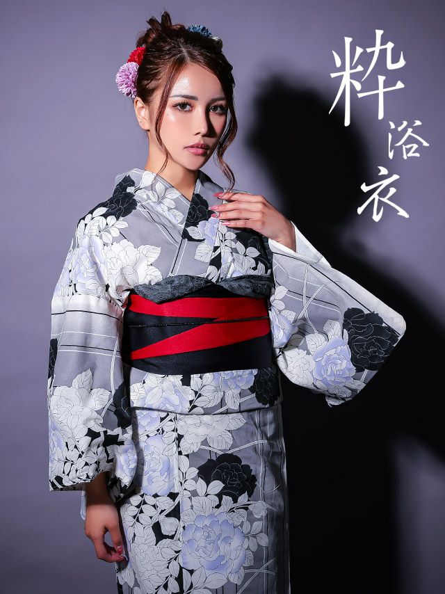 浴衣 レディース セット 帯 下駄 作り帯 粋 薔薇 モノトーン ゆかた 和装 黒 赤