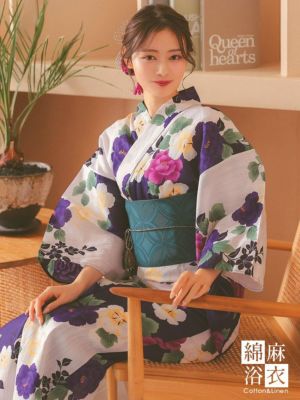 [浴衣 選べる帯] 綿麻 白地×パープルフラ...