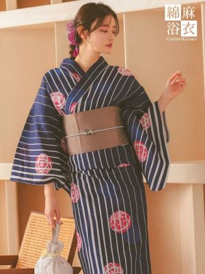 [浴衣 選べる帯] 綿麻 紺色 白ストライプ...