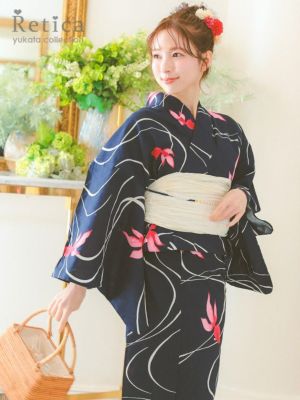 [浴衣] 紺地にレトロ流水金魚柄 大人綺麗 ...