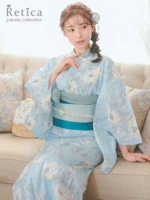 [浴衣 選べる帯] 清純水色に線画フラワー ...