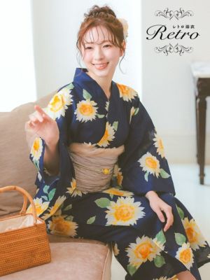 [SALE] [浴衣] 紺地にガーリー向日葵 大人綺麗 3点セット (ゆかた・兵児帯・下駄)